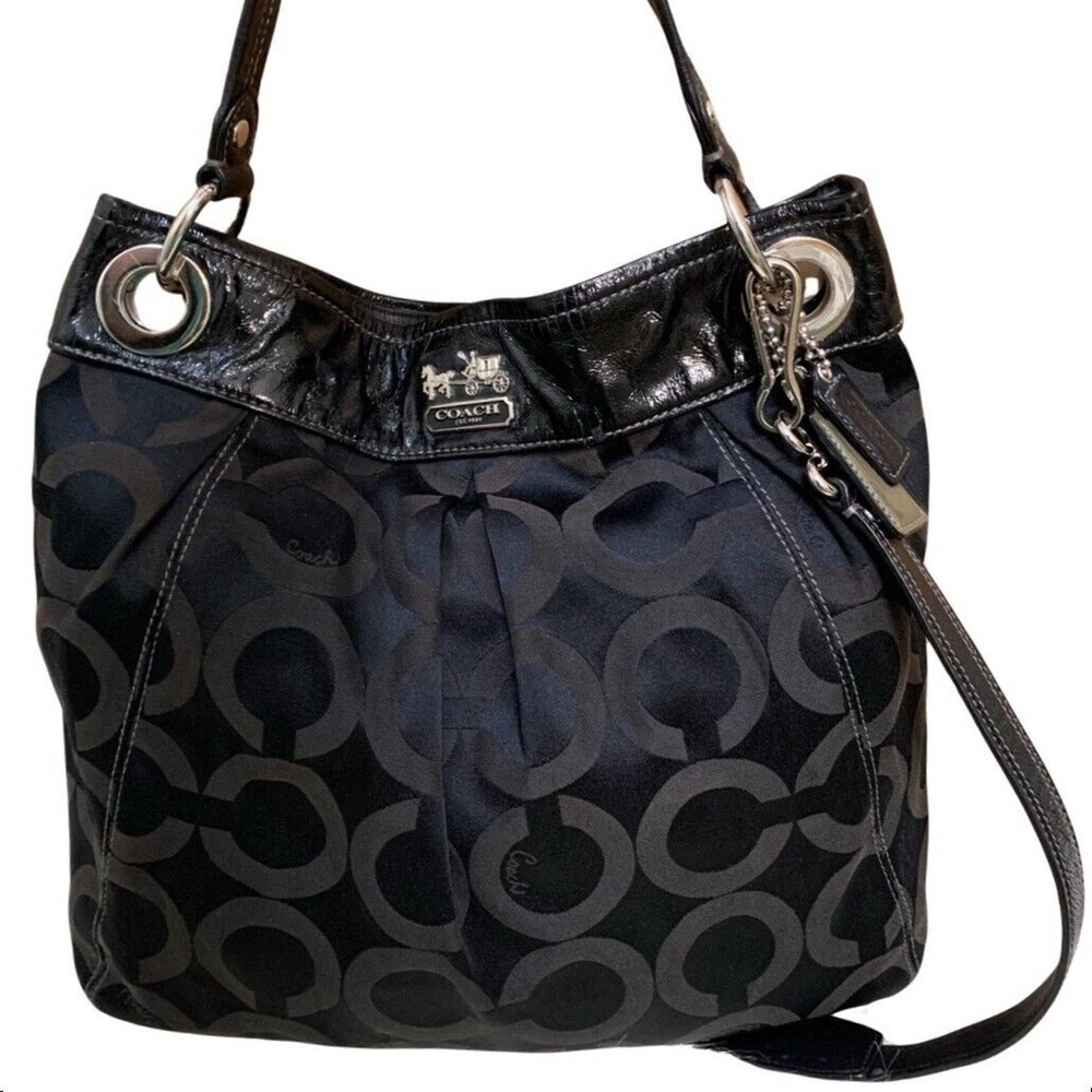 COACH MADISON Large Black Sateen Signature OP ART Logo N/S Hobo XBody